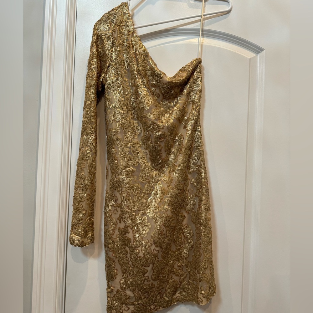 Guess Los Angeles Gold Metallic One Shoulder Sequin Mesh Mini Party Dress S